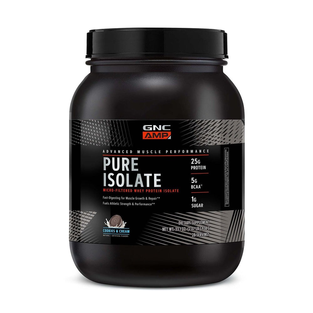 GNC AMP Pure Isolate Cookies & Cream tub ready for post-workout recovery