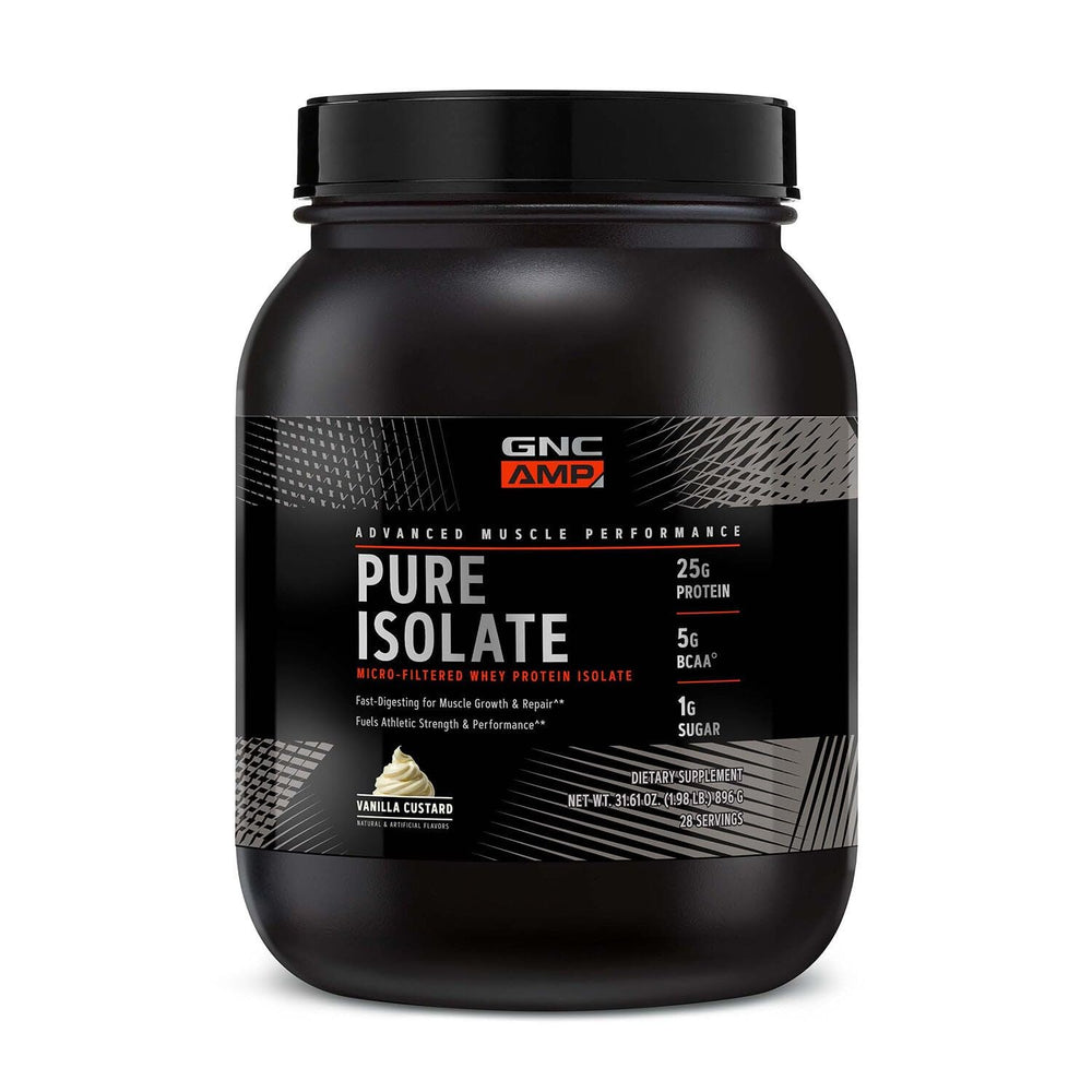 GNC AMP Pure Isolate Vanilla Custard tub ready for fast post-workout fueling.