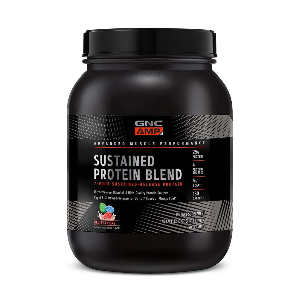 GNC AMP Sustained Cinnamon Toast bottle illustrating multi source protein for steady release