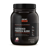 GNC AMP Sustained Cinnamon Toast bottle showcasing four-protein blend for steady protein release