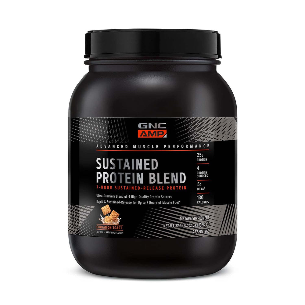 GNC AMP Sustained bottle in Cinnamon Toast flavor for all-day protein support.
