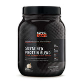 GNC AMP Sustained Cinnamon Toast bottle showing 28 servings for daily protein support.