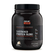 GNC AMP Sustained Cinnamon Toast bottle showing 28 servings for daily protein support.