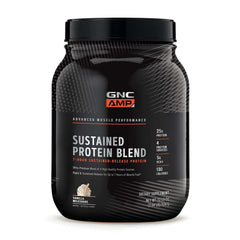 GNC AMP Sustained Cinnamon Toast bottle showing 28 servings for daily protein support.