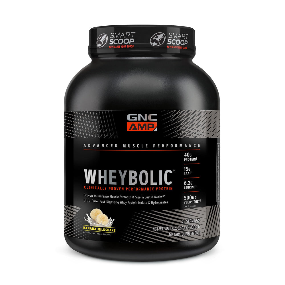 GNC AMP Wheybolic banana milkshake powder tub showing flavor and serving use