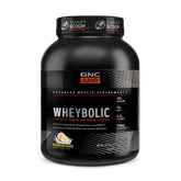 GNC AMP Wheybolic banana milkshake powder tub showing flavor and serving use