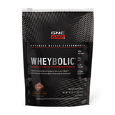 GNC Wheybolic chocolate fudge bottle shows protein blend for post-workout support