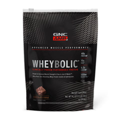 GNC Wheybolic chocolate fudge bottle shows protein blend for post-workout support