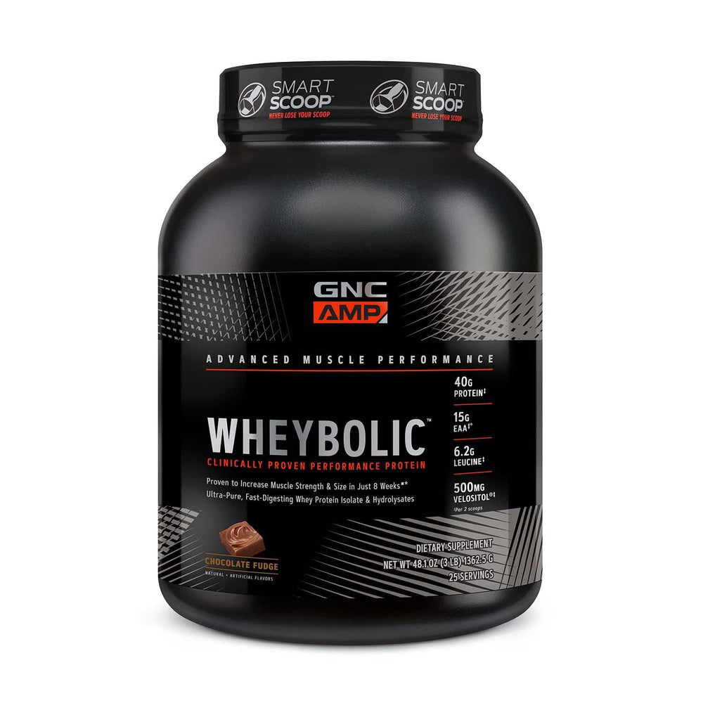 GNC AMP Wheybolic chocolate fudge tub front highlighting gluten-free protein option