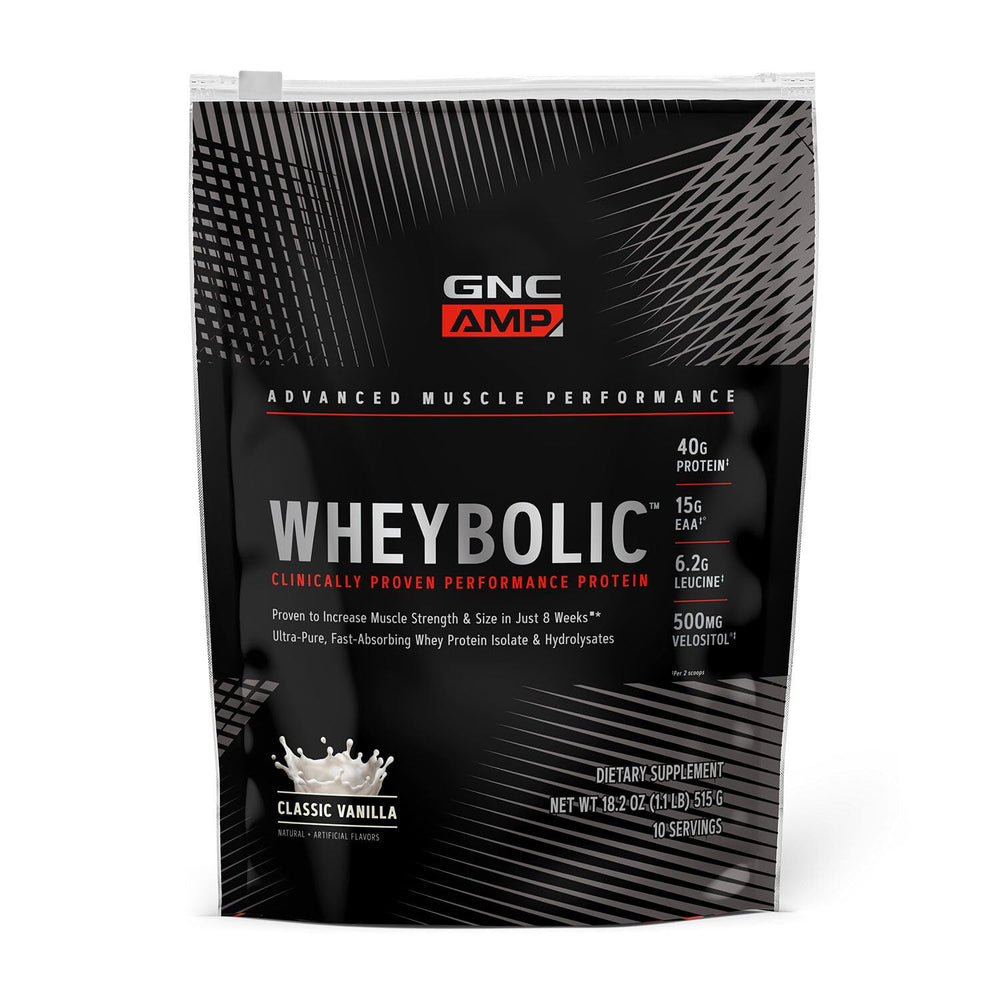 GNC AMP Wheybolic container front highlights protein for strength and recovery