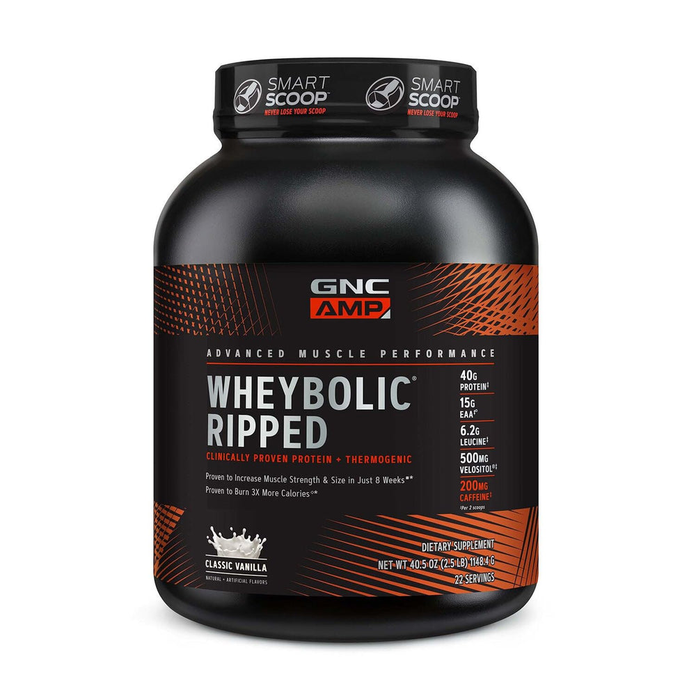 GNC AMP Wheybolic Ripped Classic Vanilla bottle front shows protein for muscle support