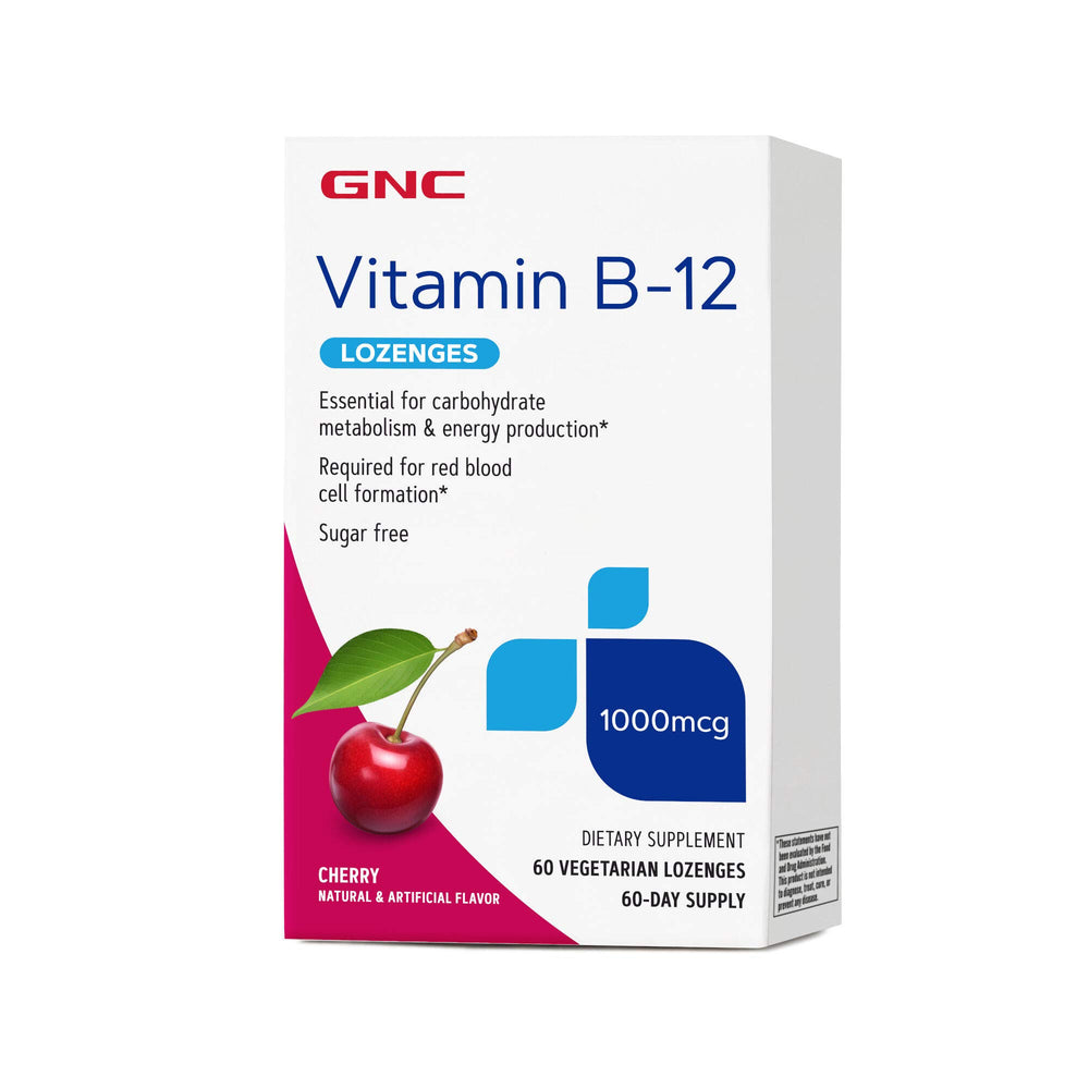 GNC Vitamin B-12 cherry lozenge packshot, sugar-free and energy-supporting.
