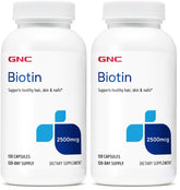 GNC Biotin 2500mcg capsules in bottle for daily hair, skin, nails support.