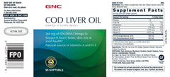 GNC cod liver oil label detail with EPA DHA and vitamins A and D-3 for heart and immune support