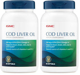 GNC Cod Liver Oil softgels bottle highlighting heart and brain omega-3 benefits.