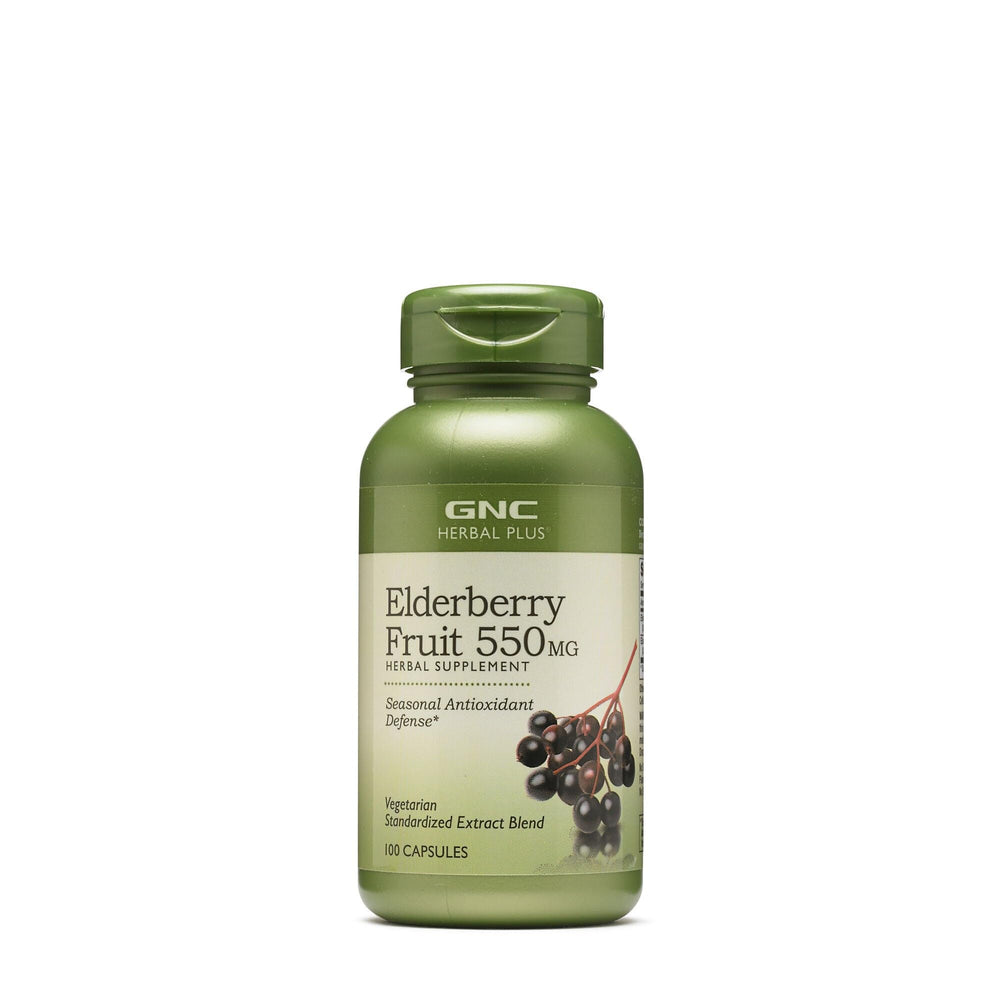 GNC Elderberry 550mg bottle front highlighting dosage for immune support.