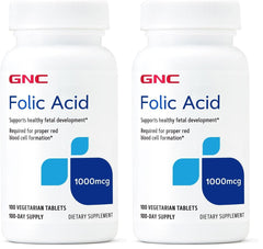 GNC Folic Acid 1000mcg bottle front view emphasizes vegetarian formula for prenatal support