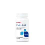 GNC Folic Acid 400mcg bottle label highlighting prenatal support benefits
