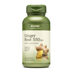 GNC Herbal Plus Ginger Root 550mg bottle shown for digestive support.