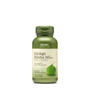 GNC Herbal Plus Ginkgo Biloba bottle emphasizing 60mg per serving for daily focus