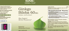 GNC Herbal Plus Ginkgo Biloba 60mg bottle back showing servings for daily wellness.