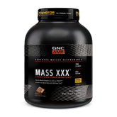 GNC Mass XXX chocolate tub showing protein-rich shake for gains and daily fueling