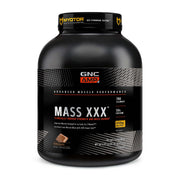 GNC Mass XXX chocolate tub showing protein-rich shake for gains and daily fueling
