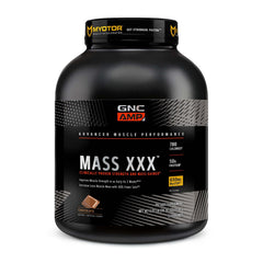 GNC Mass XXX chocolate tub showing protein-rich shake for gains and daily fueling