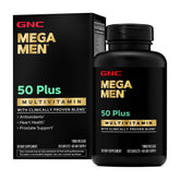 GNC Mega Men 50 Plus bottle front shows antioxidant-rich formula for daily wellness.