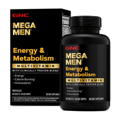 GNC Mega Men Energy bottle front view for daily vitality and convenience.