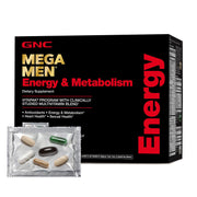 GNC Mega Men energy and metabolism bottle pour supports daily energy routines.