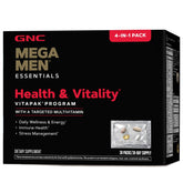 GNC Mega Men Vitapak bottle packaging showing all-in-one daily nutrition benefits.