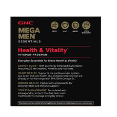 GNC Mega Men Vitapak daily pack highlights energy, focus, and metabolism support.