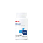 GNC Niacin 500mg bottle label highlights a 100-tablet supply for daily metabolism support.
