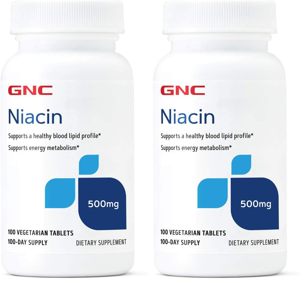 GNC Niacin 500mg packaging front shows two-pack option for extended supply.