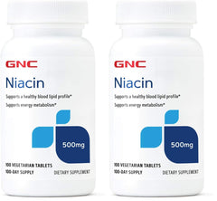 GNC Niacin 500mg packaging front shows two-pack option for extended supply.