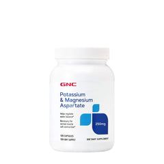 GNC potassium-magnesium aspartate bottle shows 120 servings for daily balance
