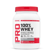 GNC Pro Performance 100% Whey tin front shows fast absorbing protein for workouts