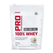 GNC Pro Performance 100% Whey Vanilla Cream bottle ready for post-workout recovery.