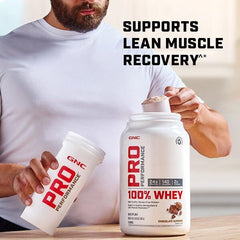 GNC Pro Performance 100% Whey Vanilla Cream nutrition label highlights gluten-free formula.