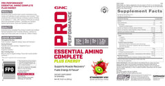 GNC Pro Performance Essential Amino Complete Plus Energy glass pour showing hydration and Strawberry Kiwi taste
