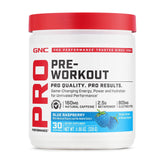 GNC Pro Performance Pre-Workout blue raspberry tub ready for an energy boost