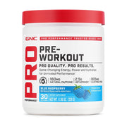 GNC Pro Performance Pre-Workout blue raspberry tub ready for an energy boost