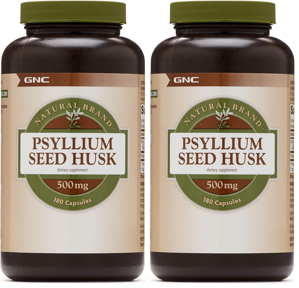 GNC psyllium seed husk 500mg bottle front promoting daily digestive wellness.