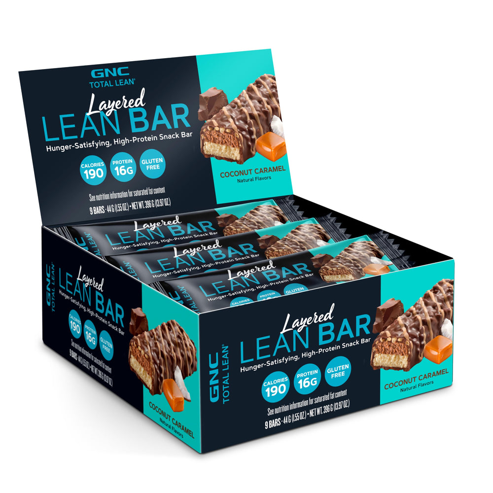 GNC Total Lean Layered Lean Bar Coconut Caramel pack offers a convenient high-protein snack