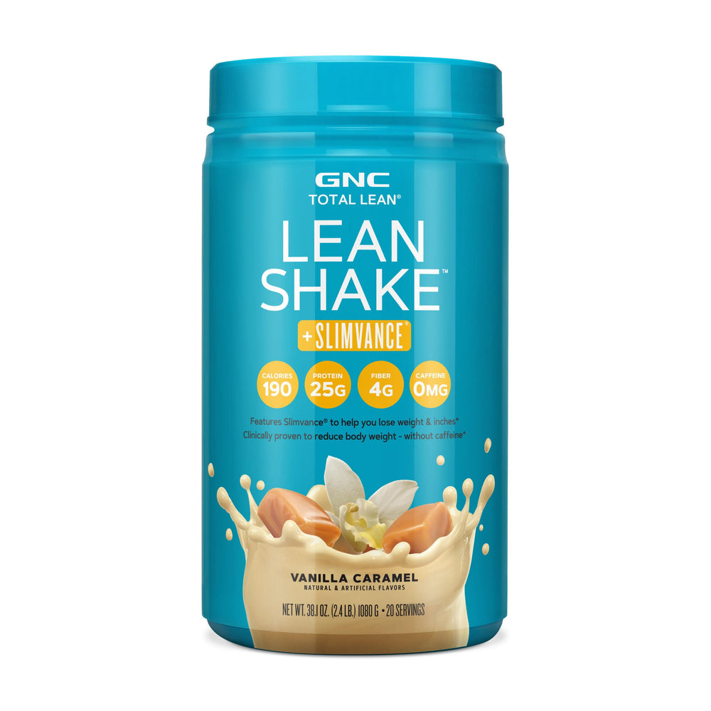 GNC Total Lean Lean Shake Vanilla Caramel bottle for convenient weight management