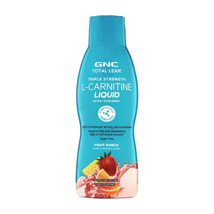 GNC Total Lean L-Carnitine bottle pour for pre-workout fueling and fat metabolism support.