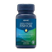 GNC Triple Strength Fish Oil bottle highlights 1000mg EPA/DHA for heart and brain support.