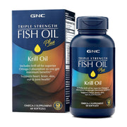 GNC Triple Strength Fish Oil Plus Krill Oil softgels bottle supports heart and brain health.