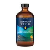 GNC triple strength fish oil bottle with orange flavor for heart and brain support.